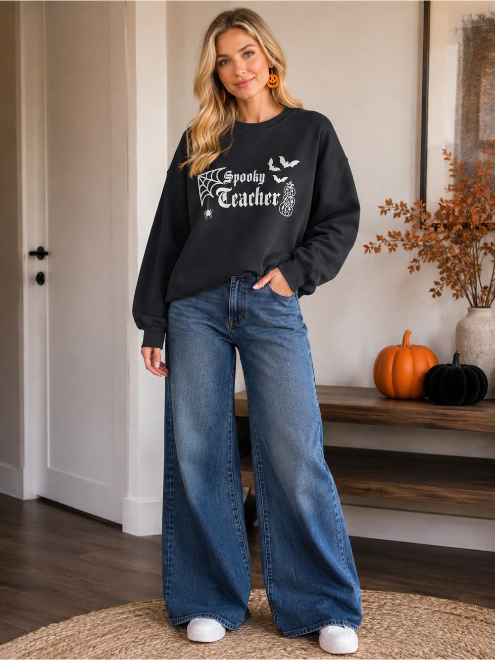 Medium Jerzees Black Crewneck "Spooky Teacher" Graphic Sweatshirt